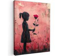 MuchoWow© Impression sur Toile Decoration Murale Peinture 50x70 cm Tableaux Decoratifs Muraux Déco Chambre Tableau Salon Graffiti - Fille - Rose - Street art - Fleurs - Banksy