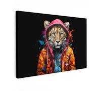 MuchoWow© Impression sur Toile Decoration Murale Peinture 60x40 cm Tableaux Decoratifs Muraux Déco Chambre Tableau Salon Graffiti - Léopard - Noir - Manteau - Banksy
