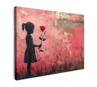 MuchoWow© Impression sur Toile Decoration Murale Peinture 80x60 cm Tableaux Decoratifs Muraux Déco Chambre Tableau Salon Graffiti - Fille - Rose - Street art - Fleurs - Banksy