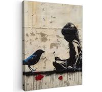 MuchoWow© Impression sur Toile Peinture 50x70 cm Tableau Mural Decoration Salon Reproductions de Tableaux Murale Moderne Street art - Fille - Oiseau - Graffiti - Banksy