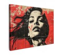 MuchoWow© Impression sur Toile Peinture 80x60 cm Tableau Mural Decoration Salon Reproductions de Tableaux Murale Moderne Graffiti - Femme - Rouge - Street art - Banksy