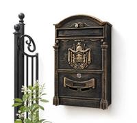 Mucola Boîte aux Lettres Murale rétro avec Serrure 25x40,5x9 cm Or Antique | Fonte d'aluminium et acier, fente A4 avec clapet, 2 clés, relief 3D, kit de montage inclus