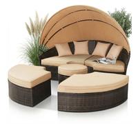 Mucola Chaise longue Fauteuil de plage Ilot de bronzage 180CM Table en poly rotin Ensemble de salon de jardin Sunbed Coussin Beige - Marron