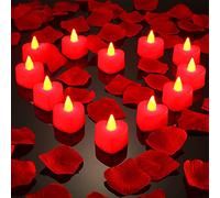 Mudder 12 Pièces LED Bougies Chauffe-Plat Forme de Cœur LED Bougies d’Amour avec 200 Pétales de Rose en Soie Fausses Pétales de Dispersion pour Saint-Valentin (Lumière Rouge, Pétale Rouge)