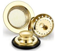 Mudder Lot de 3 filtres de siphon et bouchon en acier inoxydable avec poignée universelle, pour évier et broyeur de déchets de cuisine, anti-encrassement, tamis, passoire en forme de panier, Or clair