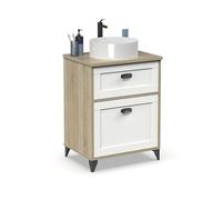 Muebles Pitarch | Meuble de salle de bain, largeur 60cm, avec pieds, tiroir à fermeture douce, 1 porte, pour lavabo à poser, Blanc et Chêne Cambrian, style Vintage, modèle Toscana