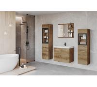 Muebles Slavic Ensemble de Meubles de Salle de Bain Madrit 60 LED, Meuble Salle de Bain avec Vasque, Salle de Bain Complete Suspendue, Vitrine en Verre, Éclairage, Châtaignier Breslau