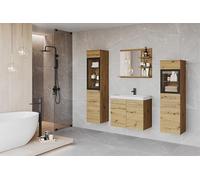 Muebles Slavic Ensemble de Meubles de Salle de Bain Madrit 60 LED, Meuble Salle de Bain avec Vasque, Salle de Bain Complete Suspendue, Vitrine en Verre, Éclairage, Chêne Artisan