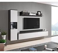Muebles Slavic Grand Ensemble de Meubles de Salon Paris, Meuble TV Rangement pour Salon, Design Mural Suspendu sans Poignées, Banc TV 180cm, Colonne et Étagère, Matera et Blanc Brillant
