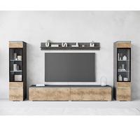 Muebles Slavic Grand Ensemble de Meubles de Salon Vera II, Meuble TV Rangement pour Salon, Vitrines en Verre, Étagère et Banc TV, Suspendu ou sur Pieds, Finition Matera et Châtaignier Breslau