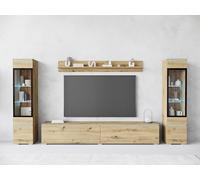 Muebles Slavic Grand Ensemble de Meubles de Salon Vera II, Meuble TV Rangement pour Salon, Vitrines en Verre, Étagère et Banc TV, Suspendu ou sur Pieds, sans Poignées, Finition Chêne Artisan