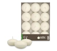 Müller Bougies Flottantes, Lot de 12 Bougies Décoratives, 30 mm x 45 mm, Couleur Cire Ivoire, Durée 4 Heures, Sans Parfum, Cire Anti-goutte, Qualité RAL