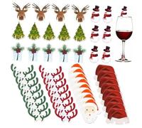 MUELODSIC Breloques en Bois pour Verre à Vin Noël 80 Pièces Marque-Verre Décoratif Motifs Père Noël Cerf Sapin Bonhomme de Neige Marqueurs pour Verres à Vin et Tasses