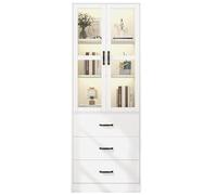 muenfly Vitrine Murale Éclairée LED, Meuble de Rangement Moderne avec Portes Acrylique - Bibliothèque/Armoire 3 Tiroirs, Étagères Réglables pour Salon ou Bureau, 200 cm, Blanc