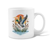 Mug à café en céramique avec illustration graphique de canard colvert | Illustration de canard colvert, tasse à thé, paysage de marais au coucher du soleil, thème de la faune