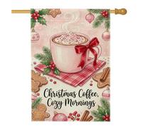 Mug avec inscription « Christmas Coffee Cozy Mornings » - Motif cacao - 71 | Biscuit en pain d'épices, drapeau de cour, branches de pin, ruban rouge, décorations de vacances, motif d'hiver