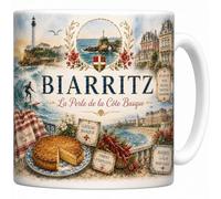 Mug Biarritz - La Perle de la Côte Basque - Rocher de la Vierge, Surf, Océan - Tasse Céramique 330 ml Design Aquarelle - Cadeau Souvenir Vacances Pays Basque - Imprimé en France - EveryMug