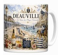 Mug Deauville - Reine des Plages Normandes - Les Planches, Parasols - Tasse Céramique 330 ml Design Aquarelle - Cadeau Souvenir Vacances Deauville, Normandie - Imprimé en France - EveryMug