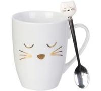 Mug Déco avec Cuillère "Chat" 11cm Blanc