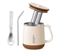 Mug Isotherme 470ml avec Paille, Infuseur à Thé, Inox Anti-Fuite, Marron | Tasse a Cafe Double Paroi, Gourde Gobelet Isotherme Chaud Froid avec Rangement Cuillère pour Bureau, Voyage, Sport