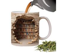 Mug livre 350 ml femmes hommes lecteurs Bookish Bookworm Coffee | Bibliothèque plate 2D motif trou dans un mur tasse à lait eau ver de livre femme homme lecteur maison cuisine bar