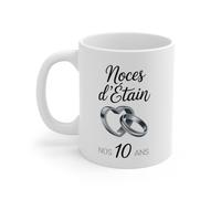 Mug Noces d’Étain - 10 Ans de Mariage - Tasse Céramique 325 ml - Cadeau Anniversaire Couple - Design Anneaux & Cœur Métallisé...
