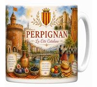 Mug Perpignan - La Cité Catalane - Castillet, Palais des Rois - Tasse Céramique 330 ml Design Aquarelle - Cadeau Perpignanais, Souvenir Vacances Roussillon Catalogne - Imprimé en France - EveryMug