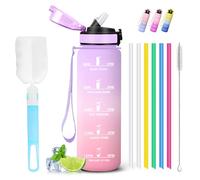 Mujigaga Gourde, Gourde 1l, Anti Fuite, Gourdes Sport, Gourdes Graduée, avec Brosse à Paille et Brosse Éponge, Bouteille avec Slogan de Motivation, Bouteille pour École, Trekking, Canicule, Pilates