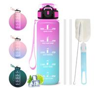 Mujigaga Gourde Sport 1 litre, Gourdes avec Paille, Verrou de Sécurité, Brosses pour Paille et Bouteille, Anti Fuite Gourde Graduée pour 1 Journee, Bouteille Motivation pour Voyages, Sport, Fitness