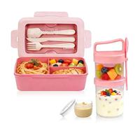 Mulaibdin Lunch Box, Bento Lunch Box Micro Ondable, 1300ml Lunchbox avec Couverts, Muesli Cup avec Cuillère, Boite Repas Compartiment Adulte & Enfant, Boite Bento pour Travail,École,Pique-nique (Rose)