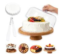 Mulaibdin Plateau à gâteau avec couvercle, présentoir à gâteau avec pied, 4 en 1, rond, en bois, 29 cm, plateau à gâteau avec papier sulfurisé et pince de cuisine, support à gâteau pour anniversaire