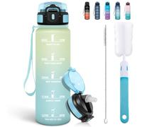 Mulbijeo Gourde 1l, Étanches, Gourde Paille, sans BPA & Réutilisable, Bouteille, Brosse Paille, Brosse Éponge, Motivation Bouteille d'eau, Avec Marqueur de Temps, Gourde Sport, Beige & bleu ciel