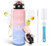 Mulbijeo Gourde 1l, Étanches, Gourde Paille, sans BPA & Réutilisable, Bouteille, Brosse Paille, Brosse Éponge, Motivation Bouteille d'eau, Avec Marqueur de Temps, Gourde Sport pour Gym, Ecole