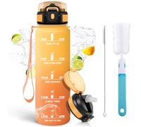 Mulbijeo Gourde 1l, Étanches, Gourde Paille, sans BPA & Réutilisable, Bouteille, Brosse Paille, Brosse Éponge, Motivation Bouteille d'eau, Avec Marqueur de Temps, Gourde Sport pour Gym, Ecole