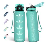 Mulbijeo Gourde 1l, Étanches, Gourde Paille, sans BPA & Réutilisable, Bouteille, Motivation Bouteille d'eau, Avec Marqueur de Temps, Gourde Sport pour Gym, Ecole, Bleu-vert