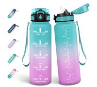 Mulbijeo Gourde 1l, Étanches, Gourde Paille, sans BPA & Réutilisable, Bouteille, Motivation Bouteille d'eau, Avec Marqueur de Temps, Gourde Sport pour Gym, Ecole, Vert clair - Rose clair