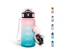 Mulbijeo Gourde Paille 500ml, sans BPA & Étanches, Bouteille, Brosse Paille, Brosse Éponge, Motivation Bouteille d'eau, Avec Marqueur de Temps, Petite Gourde pour Gym, Rose & vert