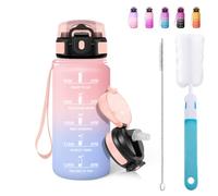 Mulbijeo Gourde Paille 500ml, sans BPA & Étanches, Bouteille, Brosse Paille, Brosse Éponge, Motivation Bouteille d'eau, Avec Marqueur de Temps, Petite Gourde pour Gym, Rose & bleu ciel