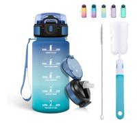 Mulbijeo Gourde Paille 500ml, sans BPA & Étanches, Bouteille, Brosse Paille, Brosse Éponge, Motivation Bouteille d'eau, Avec Marqueur de Temps, Petite Gourde pour Gym, Ecole, Bleu & vert