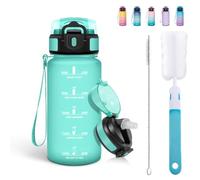 Mulbijeo Gourde Paille 500ml, sans BPA & Étanches, Bouteille, Brosse Paille, Brosse Éponge, Motivation Bouteille d'eau, Avec Marqueur de Temps, Petite Gourde pour Gym, Ecole, Bleu-vert