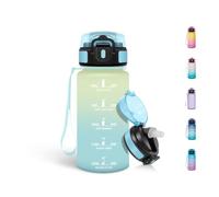 Mulbijeo Gourde Paille 500ml, sans BPA & Étanches, Bouteille, Brosse Paille, Brosse Éponge, Motivation Bouteille d'eau, Avec Marqueur de Temps, Petite Gourde pour Gym, Beige & bleu clair