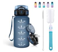 Mulbijeo Gourde Paille 500ml, sans BPA & Étanches, Bouteille, Brosse Paille, Brosse Éponge, Motivation Bouteille d'eau, Avec Marqueur de Temps, Petite Gourde pour Gym, Ecole, Bleu foncé