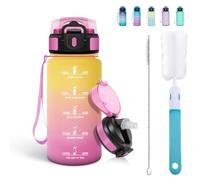 Mulbijeo Gourde Paille 500ml, sans BPA & Étanches, Bouteille, Brosse Paille, Brosse Éponge, Motivation Bouteille d'eau, Avec Marqueur de Temps, Petite Gourde pour Gym, Ecole, Jaune & rose