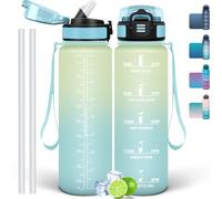 Mulbijeo Gourde Paille, Gourde 1000 ml, sans BPA & Étanches, Bouteille, Motivation Bouteille d'eau Vert & Bleu clair