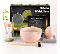 Mulbijeo Kit Matcha - 7 Pièces, Fouet Matcha En Bambou Naturel, Matcha Kit Avec Bol En Céramique, Tamis, Cuillère, Support Et Serviette Absorbante, Kit Matcha Débutant, Rose Dégradé