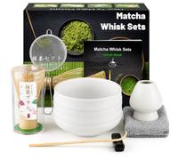 Mulbijeo Kit Matcha - 7 Pièces, Fouet Matcha En Bambou Naturel, Matcha Kit Avec Bol En Céramique, Tamis, Cuillère, Support Et Serviette Absorbante, Kit Matcha Débutant, Blanc Mat