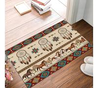 MULERN Paillasson à Cheval Attrape-Rêves Lavable d'intérieur, à Poils Courts, Tapis Style l'art Ethnique Beige Marron, 50x80cm, Pliable Antidérapant, Idéal pour Porte d'entrée Cuisine Patio