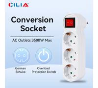 Multicaméra Cilia avec interrupteur, 3 prises schuko 16a / 250v, protection enfant, design plat 3 en 1, 3500w remplie de sécurité,