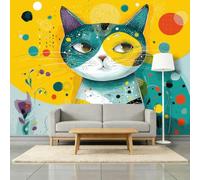 Multicolore Papier Peint Panoramique Intissé 450L x 315H cm, Contemporain Abstrait Animal Chat Pois Fresque Murale pour Bureau Salle de Jeu - Multicolore Papier Peint Panoramique Facile à Poser