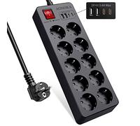 Multiprise 10 Prises avec Interrupteur,Multiprise Parafoudre et Surtension | Bloc Prise Multiple Murale avec 4 Ports USB,Protection Enfant,Rallonge Electrique 1,5m,Maison et Bureau,Noir